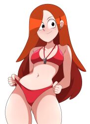 Rule 34 | 1girl, absurdres, abysswatchers, adapted costume, bikini, bikini bottom lift, breasts, closed mouth, commentary, earrings, freckles, gluteal fold, gravity falls, highres, jewelry, long hair, looking at viewer, medium breasts, navel, red bikini, red hair, smile, solo, swimsuit, thighs, toon (style), wendy corduroy, whistle, whistle around neck