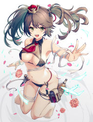 Rule 34 | 1girl, :d, armpits, azur lane, bandages, bandaged leg, bandages, bare shoulders, barefoot, bikini, black bikini, bottle, breasts, brown hair, cleavage, crown, flower, green eyes, hair ornament, halterneck, highres, long hair, looking at viewer, medium breasts, mini crown, nail polish, navel, neckerchief, open mouth, outstretched arm, petals, pouch, rose, smile, solo, stomach, string bikini, swimsuit, test tube, thighs, twintails, v-shaped eyebrows, wing collar, york (azur lane), york (summoner from the azure depths) (azur lane), yoruhachi