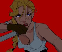 Rule 34 | 1girl, atlantis: the lost empire, blonde hair, blood, blood on face, blue eyes, braid, brown gloves, gloves, helga sinclair, injury, long hair, mole, mole under eye, nosebleed, parted lips, porqueloin, red background, red lips, shirt, simple background, single braid, solo, tank top, upper body, white shirt, wiping mouth