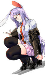 Rule 34 | 1girl, absurdres, animal ears, black footwear, black jacket, black thighhighs, blazer, blouse, boots, buttons, collared shirt, dutch angle, expressionless, full body, high heels, highres, index finger raised, jacket, loafers, long hair, long necktie, long sleeves, looking to the side, medium skirt, nose, open clothes, open jacket, parted lips, pink skirt, pleated skirt, purple hair, rabbit ears, red eyes, red neckwear, reisen udongein inaba, ruukii drift, shirt, shoe dangle, shoes, sidelocks, simple background, skirt, solo, squatting, swept bangs, teeth, thighhighs, thighs, touhou, upper teeth only, very long hair, white background, white shirt