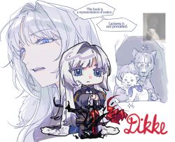 Rule 34 | 1girl, bear, blue eyes, cape, character name, chibi, coat, dikke (reverse:1999), disembodied limb, fur-trimmed cape, fur trim, grey hair, gyeol 124, hair intakes, highres, long hair, multiple views, parted lips, photo inset, planted, planted sword, planted weapon, polar bear, reverse:1999, solo, sword, weapon