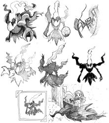 Rule 34 | 1boy, 1girl, alicia (pokemon), artist request, claws, creatures (company), darkrai, energy ball, full body, game freak, gen 4 pokemon, highres, legendary pokemon, looking at another, looking at viewer, monochrome, multiple views, mythical pokemon, nintendo, pokemon, pokemon: the rise of darkrai, pokemon (anime), pokemon (creature), pokemon dppt (anime), simple background, tree