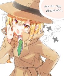 Rule 34 | 1girl, :o, blonde hair, blush stickers, close-up, coat, commentary request, episode number, fedora, green necktie, hair between eyes, hair ornament, hairpin, hand in pocket, hat, highres, necktie, null (nullpeta), nullpeta, short hair, simple background, solo, speech bubble, takeshima eku, translation request, trench coat, upper body, white background, yellow eyes