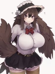 Rule 34 | 1girl, ?, belt, bird tail, black skirt, black souls, bonnet, bow, bowtie, breasts, brown eyes, brown hair, commentary, cowboy shot, dodo (black souls), eyes visible through hair, frilled skirt, frills, hair between eyes, harpy, highres, impossible clothes, impossible shirt, large breasts, looking at viewer, monster girl, red bow, red bowtie, shirt, simple background, skirt, smile, solo, tail, thighhighs, white background, white shirt, winged arms, wings, yonaga san, zettai ryouiki