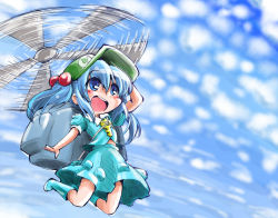 Rule 34 | 1girl, aircraft, backpack, bag, blue eyes, blue hair, blush, boots, cloud, cloudy sky, flying, hair bobbles, hair ornament, hat, helicopter, kawashiro nitori, key, long hair, matching hair/eyes, open mouth, shinapuu, skirt, sky, solo, touhou, twintails, two side up