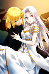 Rule 34 | 2girls, ahoge, artoria pendragon (all), artoria pendragon (fate), blonde hair, dress, fate/stay night, fate/zero, fate (series), formal, green eyes, highres, irisviel von einzbern, irisviel von einzbern (angel&#039;s song), kabane (follabi), long hair, multiple girls, necktie, pant suit, pants, red eyes, saber (fate), suit, white hair