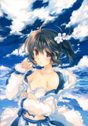 Rule 34 | 1girl, absurdres, ahoge, blush, bra, brown hair, collarbone, day, flat chest, flower, hair flower, hair ornament, highres, jewelry, long sleeves, looking at viewer, mitsumi misato, necklace, off shoulder, official art, red eyes, scan, short hair, skirt, sky, solo, to heart (series), to heart 2, twintails, unbuttoned, underwear