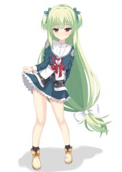 Rule 34 | 1girl, absurdres, arm behind back, blue ribbon, blunt bangs, blunt ends, blush, boots, bow, closed mouth, clothes lift, commentary, cropped jacket, eyelashes, frilled skirt, frills, full body, green hair, green jacket, green skirt, hair bow, hair ribbon, highres, hime cut, jacket, kaon zz, lifting own clothes, lips, long hair, long sleeves, looking at viewer, low-tied long hair, miniskirt, murasame (senren), official alternate costume, pleated skirt, red bow, red eyes, red ribbon, ribbon, sailor collar, school uniform, seductive smile, senren banka, shirt, sidelocks, simple background, skirt, skirt lift, smile, solo, standing, straight hair, two side up, very long hair, white background, white bow, white sailor collar, white shirt, yellow footwear