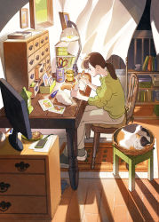 Rule 34 | 1girl, animal, blush, book, bookshelf, brown eyes, brown hair, brown pants, cabinet, cat, chair, closed mouth, curtains, expressionless, green sweater, grey legwear, highres, holding, holding pencil, indoors, khakis, lamp, long hair, long sleeves, original, pants, pencil, ponytail, scissors, sitting, socks, sweater, table, television, umishima senbon, window