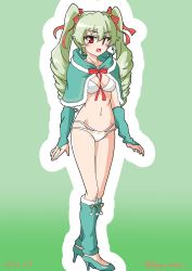 Rule 34 | 1girl, absurdres, anchovy (girls und panzer), bikini, breasts, bridal gauntlets, capelet, christmas, commentary, dated, drill hair, drops mint, full body, fur-trimmed capelet, fur trim, girls und panzer, girls und panzer senshadou daisakusen!, gloves, green background, green capelet, green gloves, green hair, green legwear, green santa costume, hair ribbon, high heels, highres, leg warmers, long hair, looking at viewer, medium breasts, multi-strapped bikini, navel, official alternate costume, open mouth, outline, red eyes, red ribbon, ribbon, santa costume, smile, solo, standing, swimsuit, twin drills, twintails, twitter username, white bikini, white outline