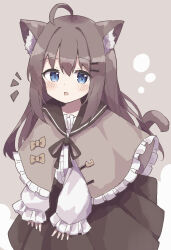 Rule 34 | 1girl, absurdres, ahoge, animal ear fluff, animal ears, black skirt, blue eyes, blush stickers, brown background, brown capelet, brown hair, capelet, cat ears, cat girl, cat tail, center frills, colon br, cowboy shot, dot nose, frilled capelet, frilled shirt, frills, hair ornament, hairclip, highres, long bangs, long hair, long sleeves, looking at viewer, notice lines, open mouth, original, pleated skirt, raised eyebrows, shirt, sidelocks, simple background, skirt, sleeves past wrists, smile, solo, straight hair, tail, white shirt