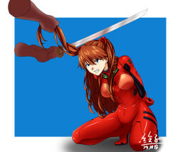 Rule 34 | 1girl, 2023, absurdres, arms behind back, artist request, ass, blue background, blue eyes, bodysuit, breasts, brown hair, clenched teeth, cutting hair, dated, execution, forced, grabbing another&#039;s hair, highres, holding, holding sword, holding weapon, imminent death, just deserts, katana, kneeling, lips, long hair, looking at another, looking at viewer, medium breasts, neon genesis evangelion, plugsuit, red bodysuit, restrained, shiny clothes, simple background, souryuu asuka langley, sword, teeth, twintails, violence, weapon