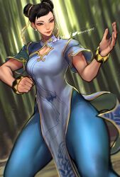 Rule 34 | 1girl, ayaki blade, bamboo, bamboo forest, black eyes, black hair, bracelet, breasts, capcom, china dress, chinese clothes, chromatic aberration, chun-li, clenched hand, clothing cutout, commentary request, double bun, dress, earrings, fighting stance, forest, hair bun, hair ribbon, highres, jewelry, medium breasts, nature, ribbon, solo, street fighter, street fighter 6, thick thighs, thighs, twitter username, watermark