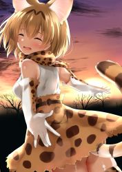 Rule 34 | 10s, 1girl, absurdres, animal ears, brown hair, cat ears, cat tail, commentary request, elbow gloves, closed eyes, gloves, go-1, highres, kemono friends, open mouth, outstretched arms, round teeth, serval (kemono friends), serval print, serval tail, short hair, sky, solo, spread arms, star (sky), starry sky, sunset, tail, teeth, tree, twilight