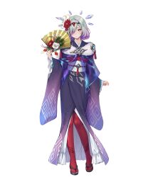 Rule 34 | 1girl, crystal, fire emblem, fire emblem heroes, flower, green eyes, grey hair, hair flower, hair ornament, hand fan, highres, holding, holding fan, japanese clothes, kimono, kvasir (fire emblem), kvasir (unknown future) (fire emblem), looking at viewer, nintendo, non-web source, official alternate costume, official art, paper fan, short hair, solo, white background