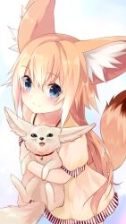 Rule 34 | 1girl, :d, animal, animal ears, blonde hair, blue eyes, blush, brown eyes, closed mouth, collar, cowboy shot, dress, eyebrows, fennec fox, fox, fox ears, fox tail, gradient background, highres, holding, holding animal, long hair, looking at viewer, open mouth, original, short sleeves, smile, solo, standing, sukemyon, tail, tareme, very long hair, whiskers, yellow dress