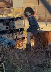 Rule 34 | 1girl, absurdres, black skirt, blue eyes, blue shirt, blurry, blurry background, bow, bowtie, brown footwear, brown hair, closed mouth, collared shirt, day, dot nose, eliot (eokaitekaite969), fence, grass, grey socks, highres, loafers, long sleeves, looking at viewer, original, outdoors, photo background, shirt, shoes, short hair, sitting, skirt, socks, solo
