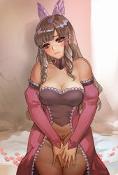 Rule 34 | absurdres, blush, breasts, brown eyes, brown hair, cleft of venus, commission, commissioner upload, covering privates, covering crotch, dress, fire emblem, fire emblem awakening, fire emblem heroes, frilled dress, frills, hair ornament, highres, large breasts, looking to the side, nextoad, nintendo, petals, pubic hair, pussy, see-through, see-through dress, smile, sumia (fire emblem)