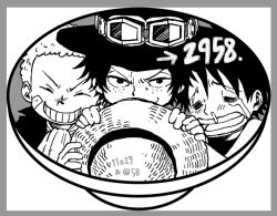 Rule 34 | 3boys, brothers, crying, cup, freckles, grin, hat, male focus, monkey d. luffy, multiple boys, one piece, portgas d. ace, sabo (one piece), siblings, smile, straw hat, tears, aged down
