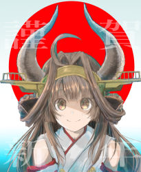 Rule 34 | 1girl, ahoge, brown hair, chicken99, circle, commentary request, cow horns, double bun, hair bun, hairband, headgear, highres, horns, japanese clothes, kantai collection, kongou (kancolle), long hair, looking at viewer, new year, smile, solo, upper body