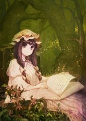 Rule 34 | 1girl, absurdres, book, bow, capelet, dress, flower, forest, hair bow, hat, highres, long hair, matumasima, mob cap, multi-tied hair, nature, open book, outdoors, patchouli knowledge, purple eyes, purple hair, sitting, solo, striped clothes, striped dress, touhou, tree