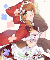 Rule 34 | 1girl, :d, akym, animal hands, animal hood, apron, braid, breasts, brown hair, cape, cat hood, cleavage, gloves, green eyes, highres, hood, hooded cape, large breasts, long hair, looking at viewer, nijisanji, open mouth, paw gloves, paw print, pink background, simple background, smile, solo, twin braids, twitter username, upper body, virtual youtuber, waist apron, warabeda meiji