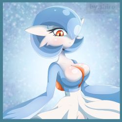Rule 34 | 1girl, alternate color, artist name, blue background, blue border, blue hair, blush, border, breasts, collarbone, creatures (company), english text, game freak, gardevoir, gen 3 pokemon, gradient background, hair over one eye, highres, kyodashiro, large breasts, looking down, nintendo, orange eyes, outstretched arms, pokemon, pokemon (creature), shiny pokemon, short hair, simple background, snowing, solo, standing, text focus, watermark, web address