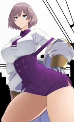 Rule 34 | 1girl, absurdres, blouse, blue eyes, breasts, corset, cowboy shot, gloves, gridman universe, hair between eyes, hand on own hip, highres, jacket, large breasts, looking at viewer, military jacket, mujina, necktie, off-shoulder jacket, off shoulder, parted lips, purple corset, purple hair, purple necktie, purple shorts, reibun (raven1119), shirt, short hair, short necktie, shorts, solo, ssss.dynazenon, thick thighs, thighs, underbust, white gloves, white jacket, white shirt