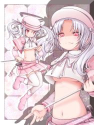 Rule 34 | 1girl, akino coto, boots, breasts, detached sleeves, dual wielding, fang, hat, highres, holding, knife, multiple views, navel, original, red eyes, sheath, silver hair, skirt, thighhighs, twintails, underboob, unsheathing, v, white thighhighs