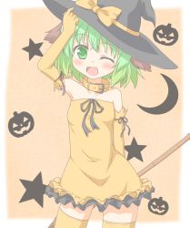 Rule 34 | 1girl, alternate costume, animal ears, bamboo broom, bare shoulders, blush, bow, broom, collar, crescent, crescent moon, dress, elbow gloves, fang, female focus, gloves, green eyes, green hair, halloween, hat, highres, jack-o&#039;-lantern, kasodani kyouko, matching hair/eyes, moon, one eye closed, open mouth, pumpkin, ribbon, shino megumi, short hair, smile, solo, star (symbol), thighhighs, touhou, wink, witch hat