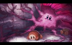 Rule 34 | :d, absurdres, blue eyes, blush stickers, body horror, commentary request, highres, kirby, kirby (series), letterboxed, monster, nintendo, no humans, open mouth, shiburingaru, smile, waddle dee