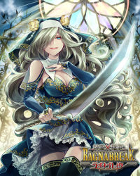 Rule 34 | 1girl, black thighhighs, blue dress, blue eyes, breasts, bridal gauntlets, character request, cleavage, copyright name, dress, grey hair, hat, holding, holding weapon, large breasts, long hair, looking at viewer, mikuni (mikunik), open mouth, shinma x keishou! ragnabreak, shorts, smile, solo, sword, thighhighs, weapon