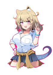 Rule 34 | 1girl, :d, alternate costume, animal ear fluff, animal ears, arknights, black choker, black skirt, blush, bracelet, breasts, brown hair, choker, cleavage, collarbone, cropped legs, dress shirt, fang, hand up, heka=ton, highres, jewelry, large breasts, long hair, long sleeves, looking at viewer, miniskirt, nail polish, open mouth, pink eyes, pink nails, school uniform, shirt, simple background, skin fang, skirt, smile, solo, tail, utage (arknights), v, white background