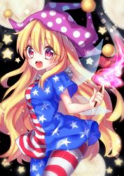 Rule 34 | 1girl, bad id, bad pixiv id, blonde hair, clownpiece, hat, highres, jester cap, kyouda suzuka, long hair, looking at viewer, moon, pantyhose, print pantyhose, red eyes, solo, star (symbol), striped clothes, striped pantyhose, torch, touhou