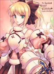 Rule 34 | 00s, 1girl, ahoge, armor, armored dress, artoria pendragon (fate), bare shoulders, blonde hair, bow, capcom, dress, fate/stay night, fate/unlimited codes, fate (series), flower, gauntlets, green eyes, hair bow, hair up, nardack, ponytail, saber (fate), saber lily, serious, solo, sword, weapon