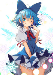 Rule 34 | .sin, 1girl, blue bow, blue dress, blue eyes, blue hair, bow, cirno, closed mouth, collared shirt, cowboy shot, dress, hair bow, highres, ice, ice wings, looking at viewer, neck ribbon, one eye closed, puffy short sleeves, puffy sleeves, red ribbon, ribbon, shirt, short hair, short sleeves, simple background, sleeveless, sleeveless dress, smile, solo, tongue, tongue out, touhou, white background, white shirt, wing collar, wings