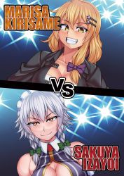 Rule 34 | &gt;:), 2girls, adapted costume, bare shoulders, black jacket, blonde hair, bow, braid, breasts, character name, cleavage, cleavage cutout, closed mouth, clothing cutout, collarbone, green bow, grin, hair between eyes, hair bow, hair ornament, hairclip, izayoi sakuya, jacket, kirisame marisa, kupala, large breasts, long hair, looking at viewer, maid headdress, multiple girls, orange eyes, portrait, purple bow, short hair, silver hair, smile, stage lights, touhou, tsurime, twin braids, v-shaped eyebrows, wrestling outfit, yellow eyes