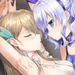 Rule 34 | 2girls, animal ears, apron, armpits, arms up, bell, blonde hair, blue dress, blue eyes, blue hair, blush, breasts, closed mouth, collar, cuffs, dress, food, headband, heart, heart-shaped pupils, lexington (cv-16) (warship girls r), long hair, looking at another, medium breasts, multiple girls, mvv, naked apron, neck bell, pocky, pocky kiss, shackles, shared food, sideboob, sigsbee (warship girls r), small breasts, symbol-shaped pupils, warship girls r, yuri