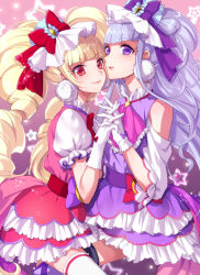 Rule 34 | 10s, 2girls, black legwear, blonde hair, blunt bangs, bow, clothing cutout, cure amour, cure macherie, gloves, hair bow, highres, holding hands, hugtto! precure, interlocked fingers, layered skirt, long hair, miniskirt, multiple girls, parted lips, precure, purple bow, purple eyes, purple hair, purple skirt, red eyes, red skirt, short sleeves, shoulder cutout, skirt, smile, thighhighs, tsuru ringo, twintails, very long hair, white gloves, white legwear, zettai ryouiki