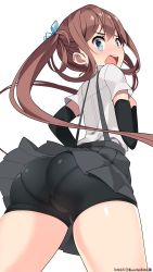 Rule 34 | 10s, 1girl, 2015, artist name, asagumo (kancolle), ass, bike shorts, brown hair, dated, embarrassed, floating hair, hair ribbon, highres, huge ass, kantai collection, kuro chairo no neko, long hair, open mouth, panties under bike shorts, pantylines, pleated skirt, ribbon, short sleeves, simple background, skin tight, skirt, solo, suspenders, twintails, twitter username, white background