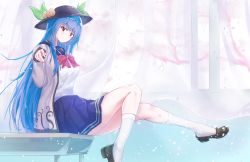 Rule 34 | 1girl, alternate costume, blue hair, blue sailor collar, blue skirt, blush, bow, bowtie, breasts, cherry blossoms, contemporary, curtains, dated, desk, food, fruit, grey jacket, hat, hat ornament, high heels, highres, hinanawi tenshi, jacket, kneehighs, leaf, legs, light blush, loafers, long hair, looking at viewer, on desk, peach, petals, pleated skirt, red bow, red bowtie, red eyes, s.claw, sailor collar, school desk, school uniform, serafuku, shoes, sitting, on desk, skirt, smile, socks, solo, touhou, white socks, window