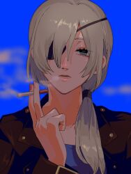 Rule 34 | 1girl, black jacket, blue background, chainsaw man, cigarette, eyepatch, grey hair, hair over shoulder, highres, holding, holding cigarette, jacket, leather, leather jacket, long hair, looking at viewer, ponytail, quanxi (chainsaw man), simple background, smoke, smoking, solo, tsujii luki
