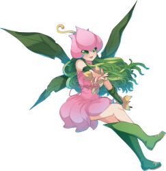 Rule 34 | 1girl, absurdres, blush, boots, digimon, digimon (creature), fairy, flower, green eyes, green footwear, highres, lilimon, looking at viewer, loyaldis, monster girl, nail polish, open mouth, petals, plant, plant girl, signature, simple background, solo, white background