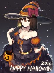 Rule 34 | 1girl, black eyes, black hair, bow, breasts, cleavage, corset, halloween, hat, hat bow, highres, jack-o&#039;-lantern, original, puffy short sleeves, puffy sleeves, pumpkin, short hair, short sleeves, skirt hold, sola (solo0730), solo, star (symbol), wand, witch hat