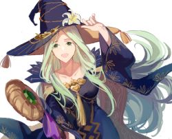 Rule 34 | 1girl, adjusting clothes, adjusting headwear, blue dress, blue hat, breasts, collarbone, commentary request, dress, fire emblem, fire emblem: three houses, fire emblem heroes, floating hair, flower, forehead, gold trim, green eyes, green hair, halloween, halloween costume, hand on headwear, hat, hat flower, highres, holding, holding staff, holding weapon, jnsghsi, large breasts, long hair, nintendo, official alternate costume, open mouth, rhea (fire emblem), simple background, smile, solo, staff, tongue, upper body, very long hair, weapon, white background, white flower, wide sleeves, witch, witch hat