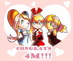 Rule 34 | 3girls, blonde hair, call (mighty no. 9), call e, call f, call h, colorized, congratulations, detached sleeves, garrison cap, gloves, hair ribbon, own hands clasped, hat, headphones, heart, long hair, mighty no. 9, multiple girls, multiple persona, necktie, own hands together, pontata, ponytail, ribbon, robot, salute, side ponytail, smile, striped, striped sleeves, twintails, uniform, wink
