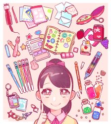 Rule 34 | 1girl, bad id, bad tumblr id, black hair, border, bow, chain, collared shirt, food, fruit, grapes, hair bow, heart, index finger raised, kisaragi yuu (fallen sky), looking at viewer, multicolored eyes, original, pen, pink shirt, ponytail, red bow, shirt, smile, solo, star (symbol), strawberry, sweater, white border, yellow sweater