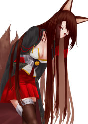 Rule 34 | 1girl, absurdres, akagi (azur lane), animal ears, arms behind back, azur lane, black jacket, black thighhighs, blush, breasts, brown hair, cleavage, collarbone, feet out of frame, fox ears, fox tail, hair ornament, hairclip, highres, ichikushi mojibake, jacket, japanese clothes, long hair, looking at viewer, medium breasts, red eyes, red skirt, skirt, solo, standing, tail, thighhighs, white background