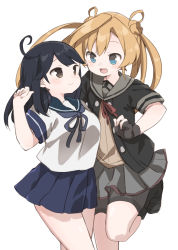 Rule 34 | 10s, 2girls, abukuma (kancolle), ahoge, bad id, bad pixiv id, bike shorts, black hair, blonde hair, blue eyes, blue skirt, boots, breasts, brown eyes, buttons, double bun, gloves, grey skirt, hair between eyes, hair bun, hair rings, highres, kantai collection, knee boots, large breasts, leg up, long hair, multiple girls, murakami meishi, open mouth, partially fingerless gloves, pleated skirt, remodel (kantai collection), school uniform, serafuku, short sleeves, shorts, shorts under skirt, simple background, skirt, smile, twintails, ushio (kancolle), white background