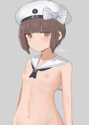 Rule 34 | 1girl, black neckerchief, blunt bangs, blush, bow, breasts, brown eyes, brown hair, closed mouth, clothes writing, grey background, hat, hat bow, highres, kantai collection, looking at viewer, nao salad, neckerchief, nipples, nude, out-of-frame censoring, sailor collar, sailor hat, short hair, simple background, small breasts, solo, sweat, upper body, white sailor collar, z3 max schultz (kancolle)